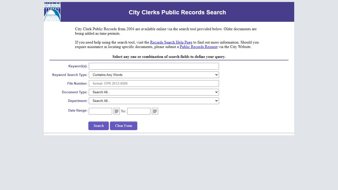 City of Spokane - City Clerk Public Records Search - Spokane, Washington